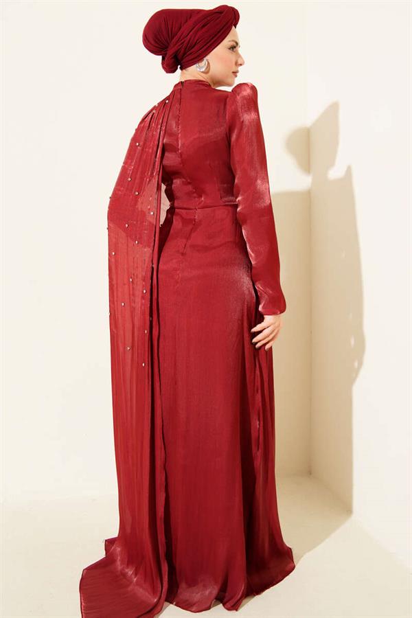 Off the Shoulder Cape Stoned Evening Dress Burgundy