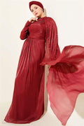 Off the Shoulder Cape Stoned Evening Dress Burgundy