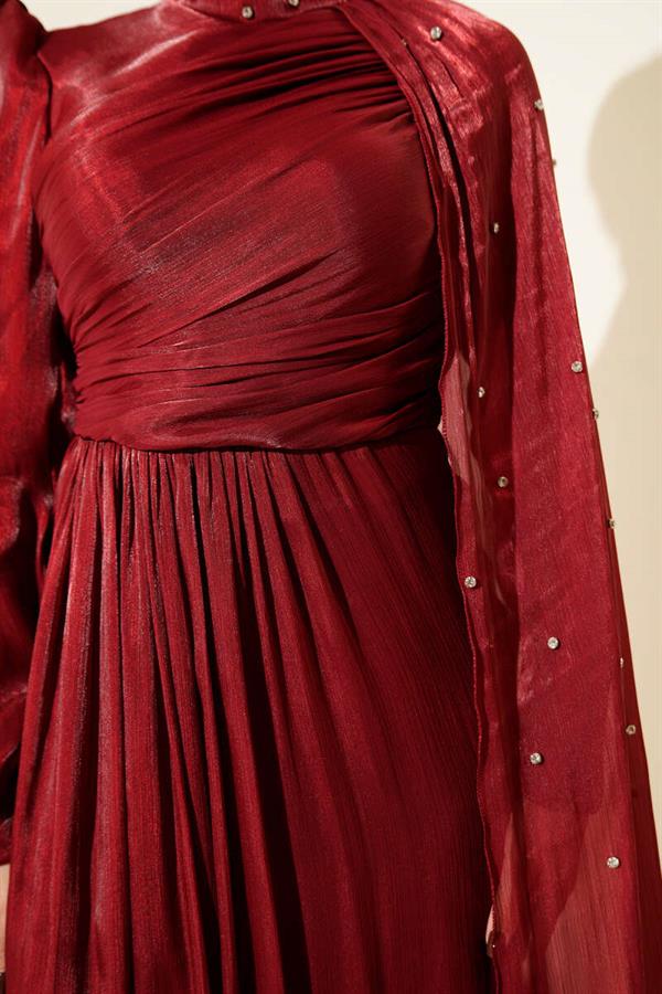 Off the Shoulder Cape Stoned Evening Dress Burgundy