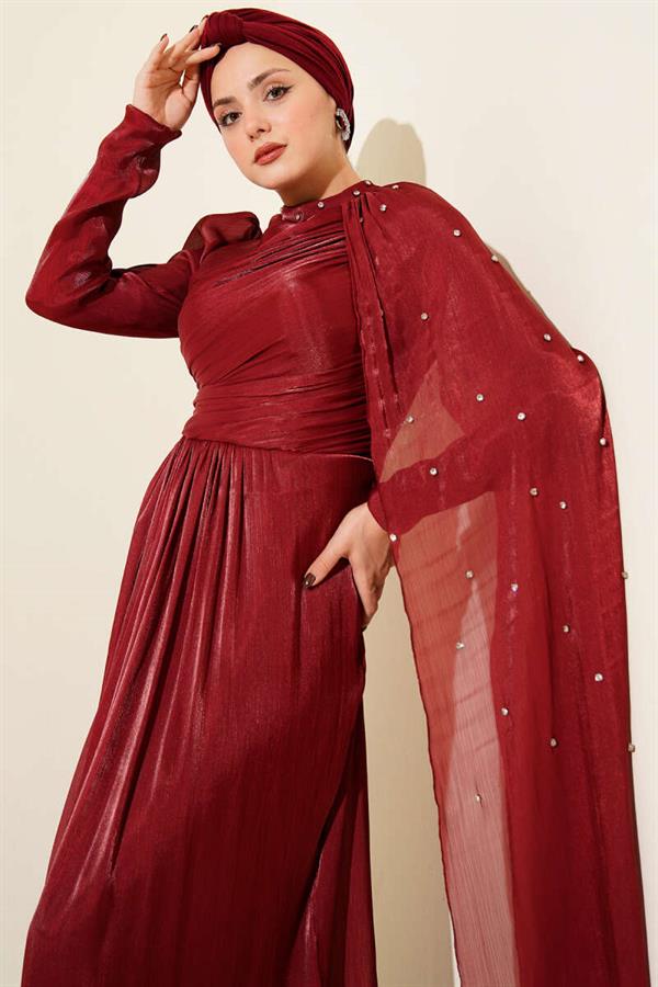 Off the Shoulder Cape Stoned Evening Dress Burgundy
