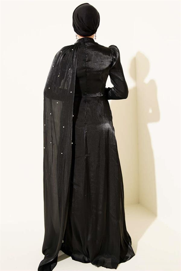 Off the Shoulder Cape Stoned Evening Dress Black