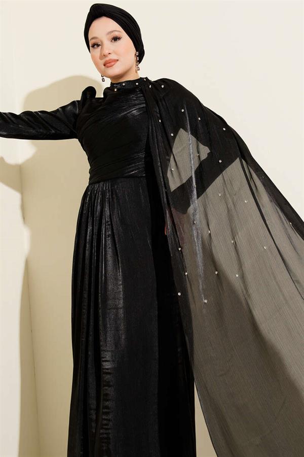 Off the Shoulder Cape Stoned Evening Dress Black