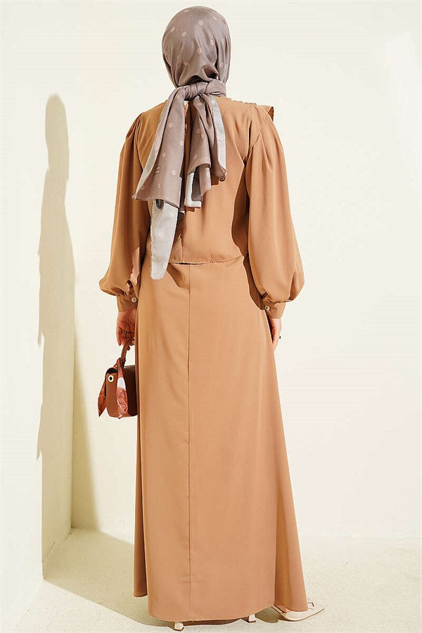 Shoulder Pleat Detail Dress Camel