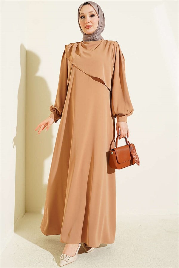 Shoulder Pleat Detail Dress Camel