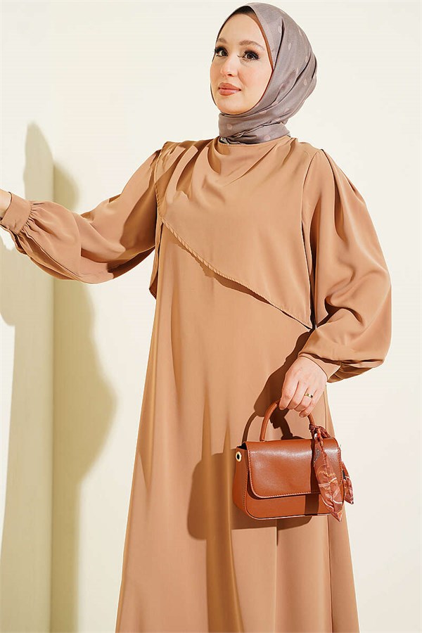 Shoulder Pleat Detail Dress Camel