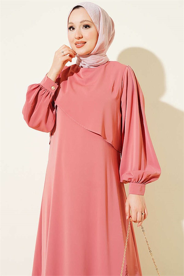 Powder Pink Dress with Shoulder Pleat Detail