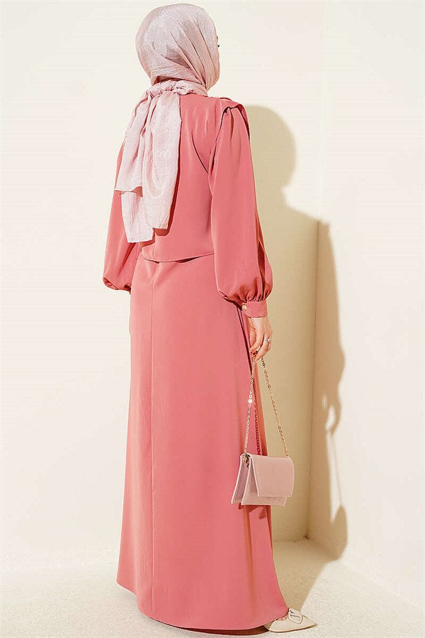 Powder Pink Dress with Shoulder Pleat Detail