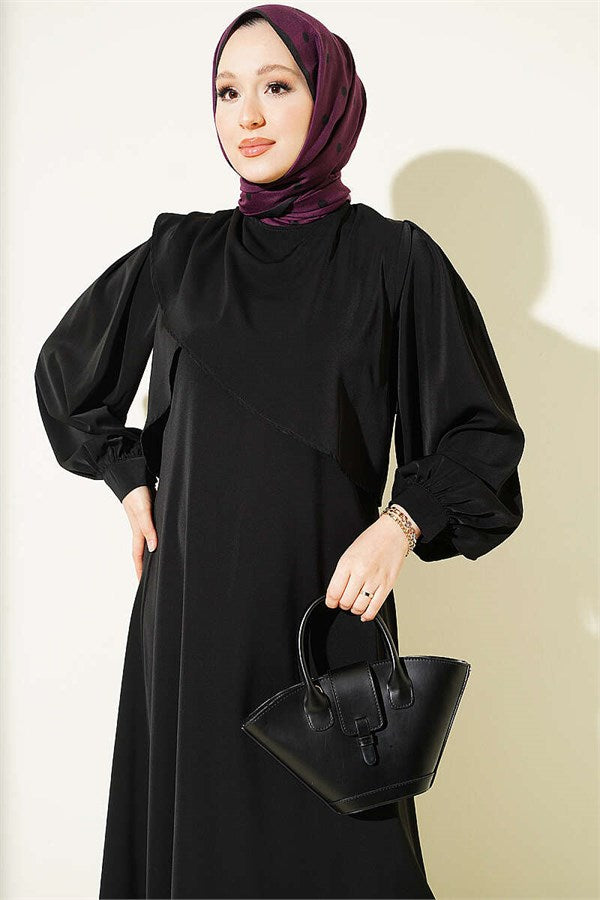 Black Dress with Shoulder Pleat Detail