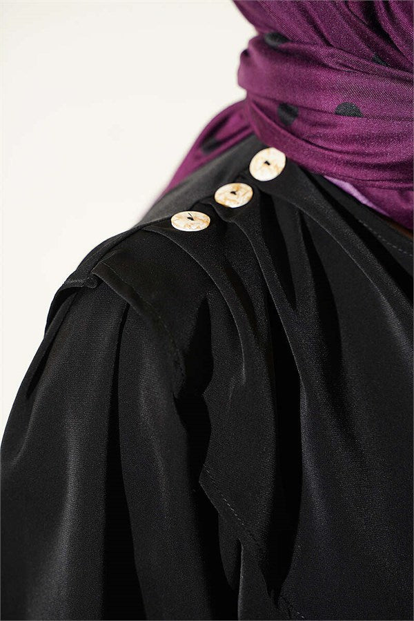 Black Dress with Shoulder Pleat Detail