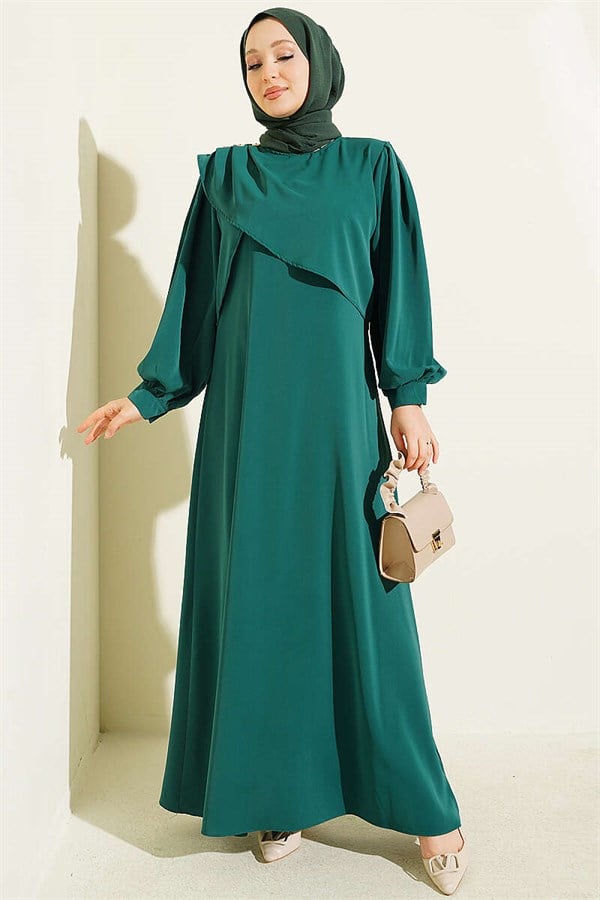 Green Dress with Shoulder Pleat Detail