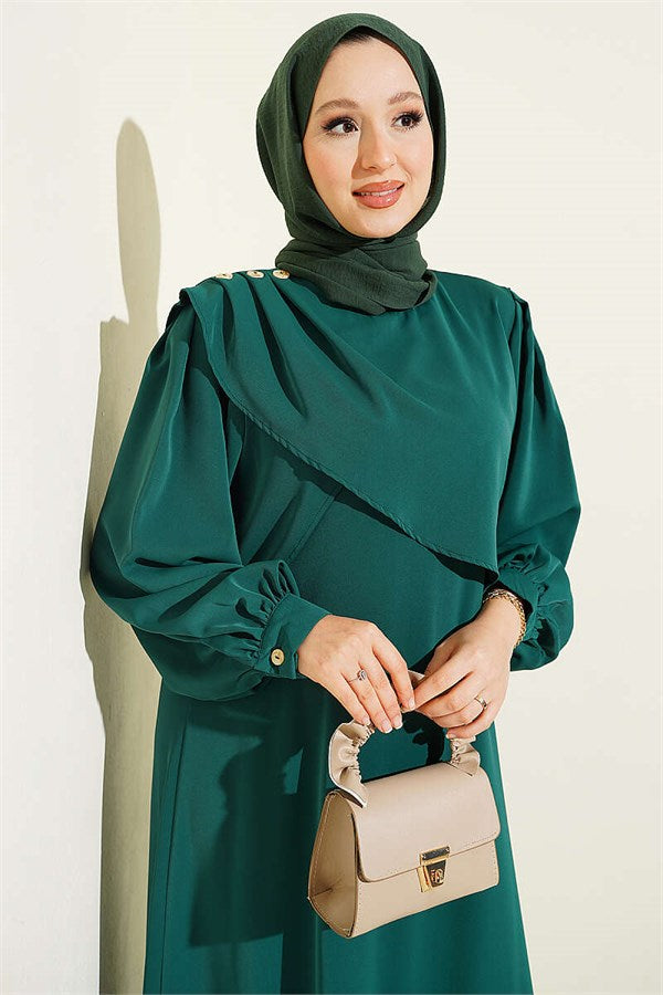 Green Dress with Shoulder Pleat Detail