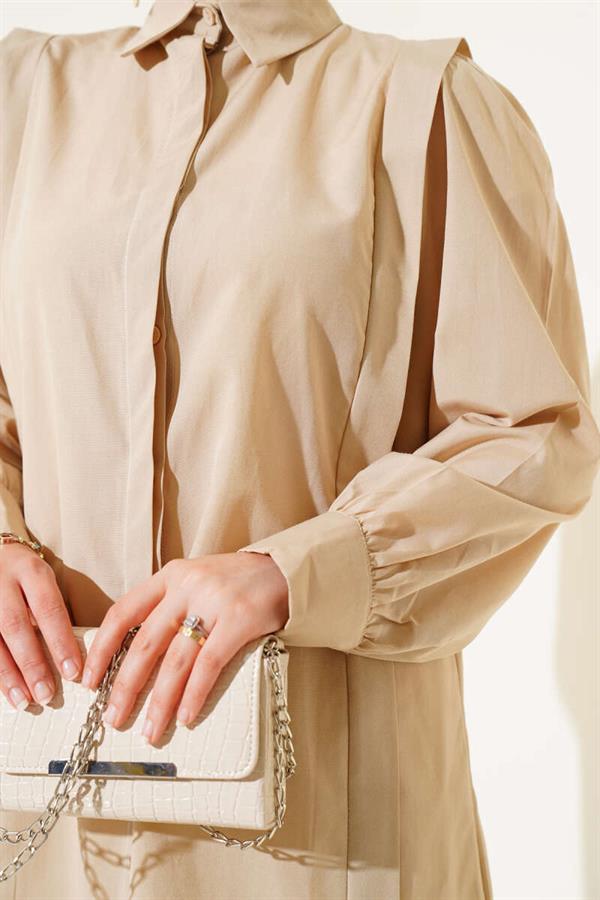 Shoulder Pleat Detailed Shirt Beige