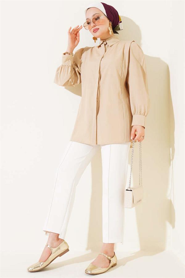 Shoulder Pleat Detailed Shirt Beige