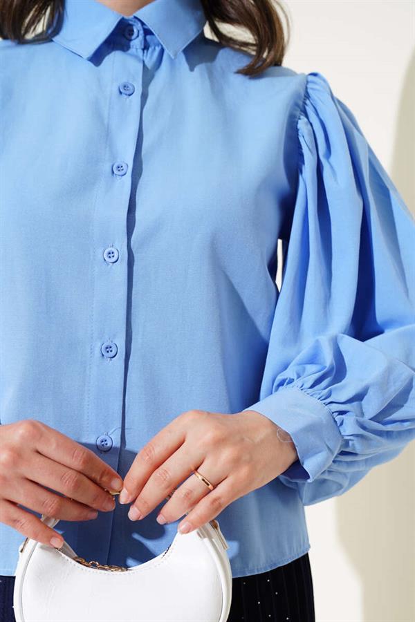 Shoulder Pleated Balloon Sleeve Short Shirt Blue