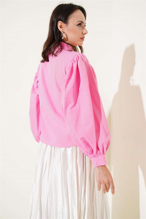 Shoulder Pleated Balloon Sleeve Short Shirt Pink