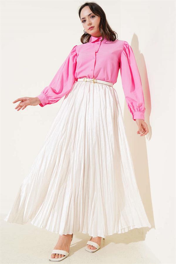 Shoulder Pleated Balloon Sleeve Short Shirt Pink