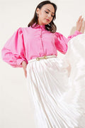 Shoulder Pleated Balloon Sleeve Short Shirt Pink