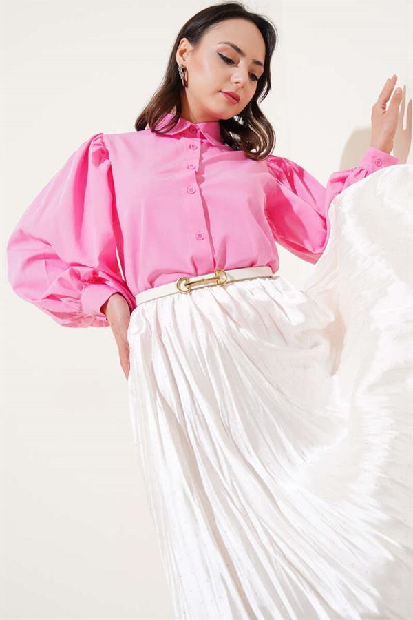 Shoulder Pleated Balloon Sleeve Short Shirt Pink