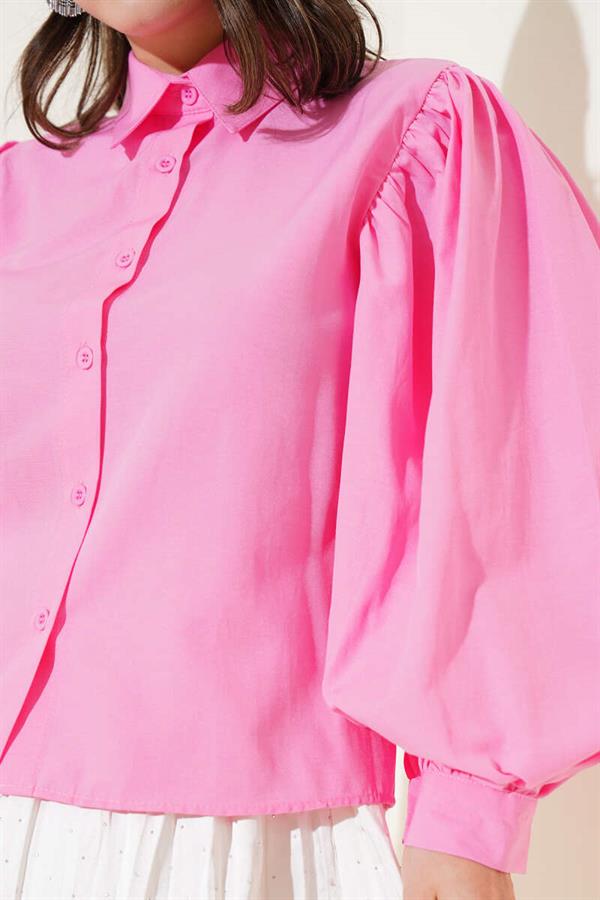 Shoulder Pleated Balloon Sleeve Short Shirt Pink