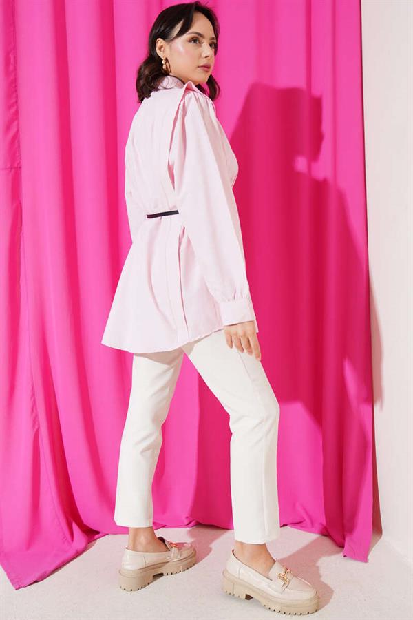 Shoulder Pleated Belted Shirt Pink