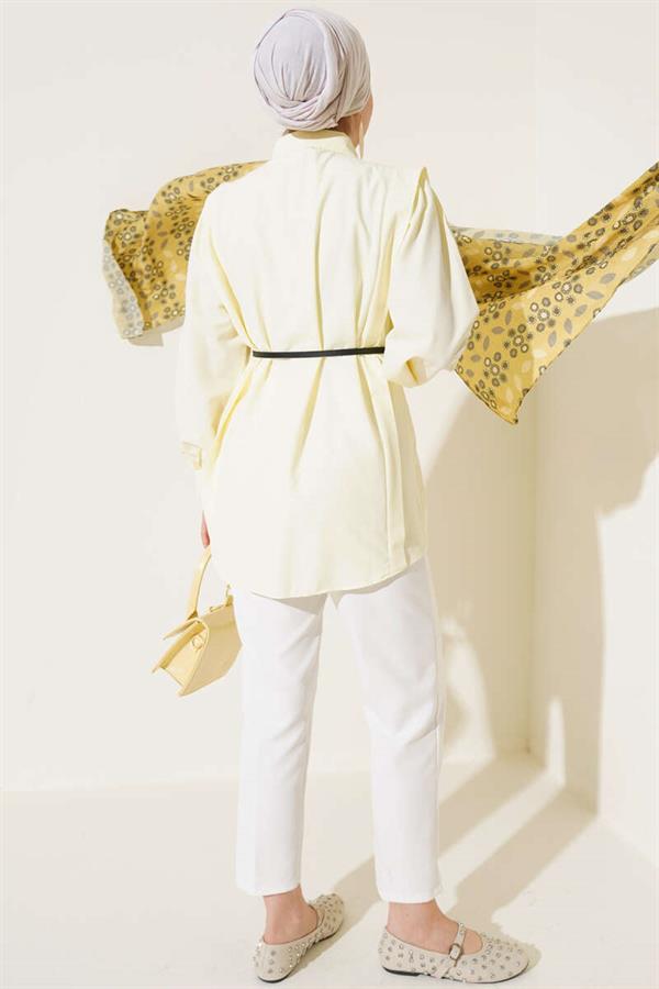 Shoulder Pleated Belted Shirt Yellow