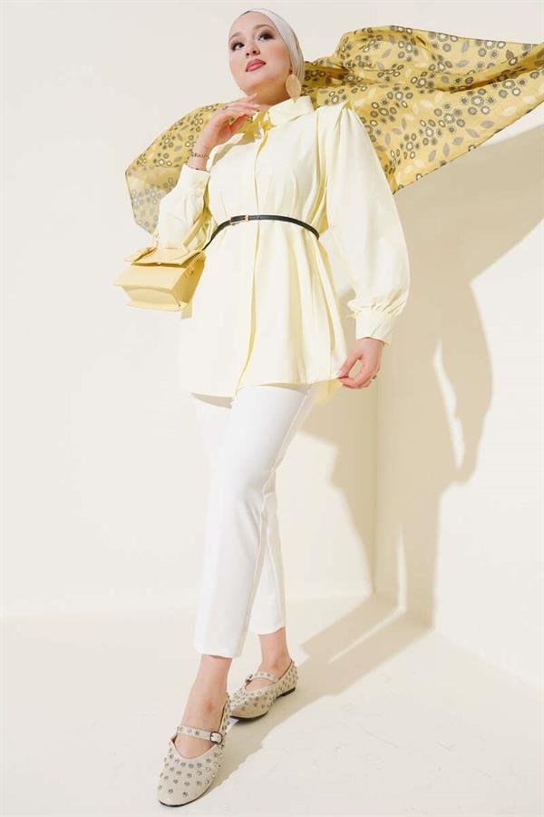 Shoulder Pleated Belted Shirt Yellow