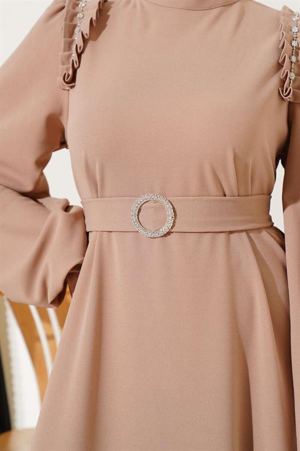 Shoulder Pleated Stoned Dress Camel