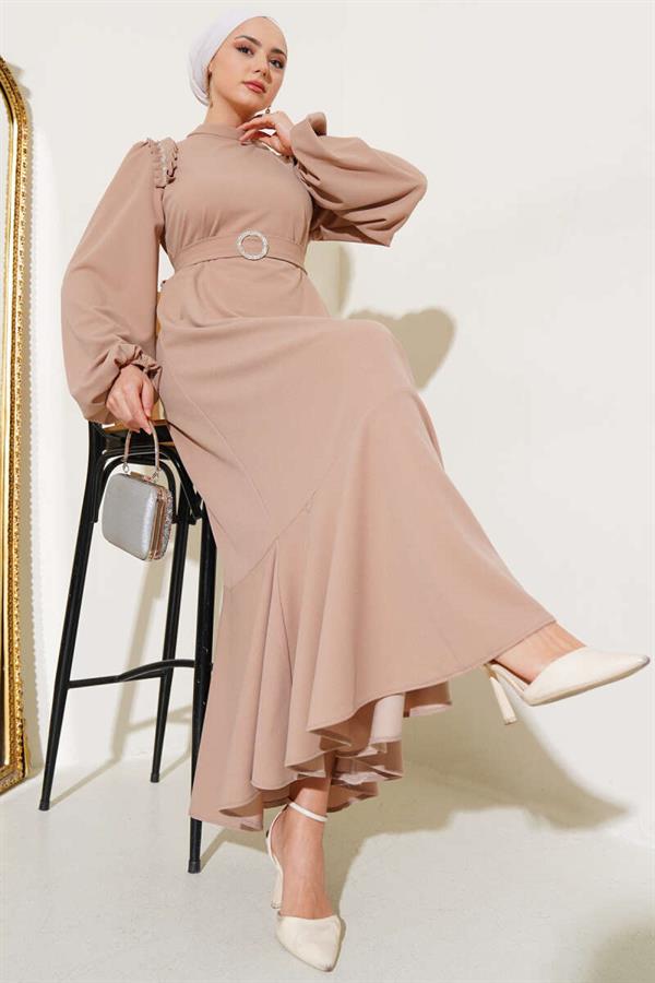 Shoulder Pleated Stoned Dress Camel