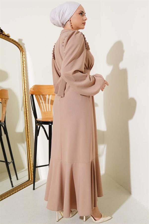 Shoulder Pleated Stoned Dress Camel