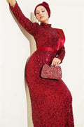 Off the Shoulder Satin Sequin Evening Dress Burgundy