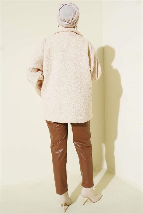 Boucle Coat with Shoulder Stripe Piping Beige