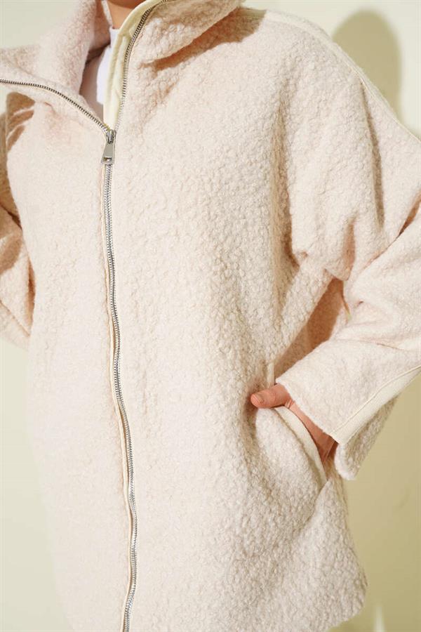 Boucle Coat with Shoulder Stripe Piping Beige