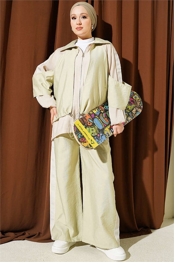 2 Piece Set with Shoulder Stripe Detail and Trim, Light Green