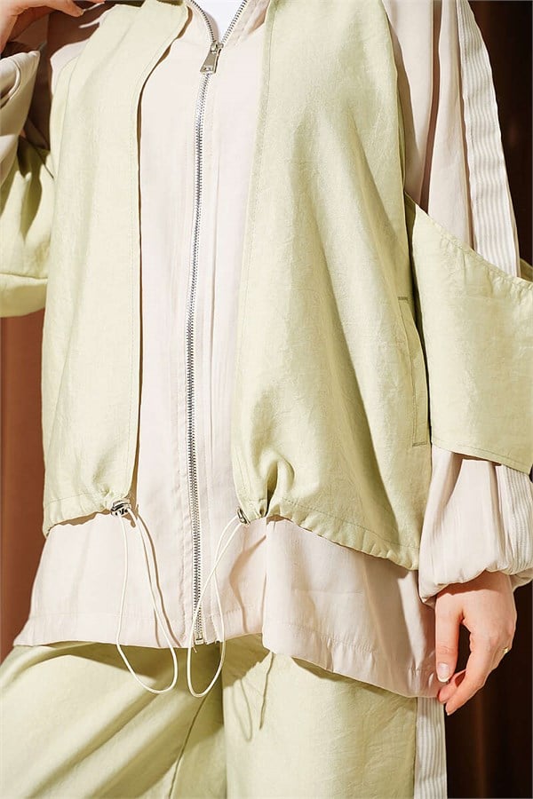 2 Piece Set with Shoulder Stripe Detail and Trim, Light Green