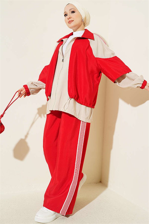 2 Piece Set with Shoulder Stripe Detail and Trim, Red