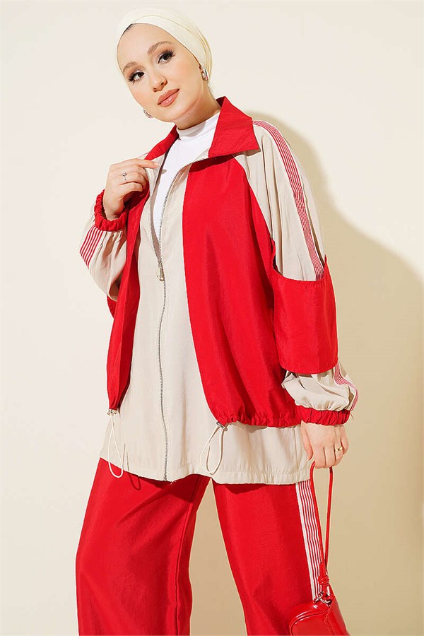 2 Piece Set with Shoulder Stripe Detail and Trim, Red