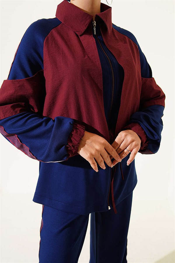 2 Piece Set with Shoulder Stripe Trim in Burgundy