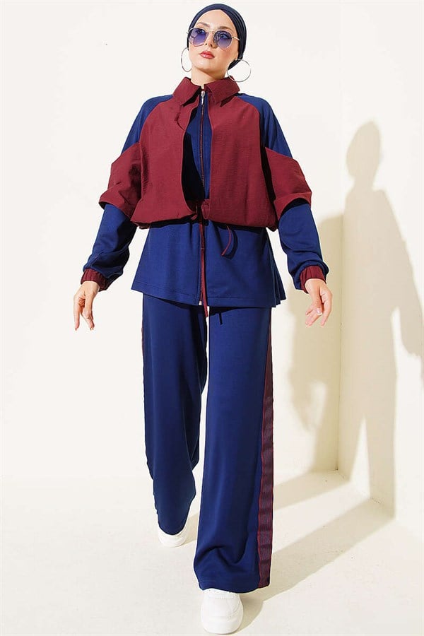 2 Piece Set with Shoulder Stripe Trim in Burgundy