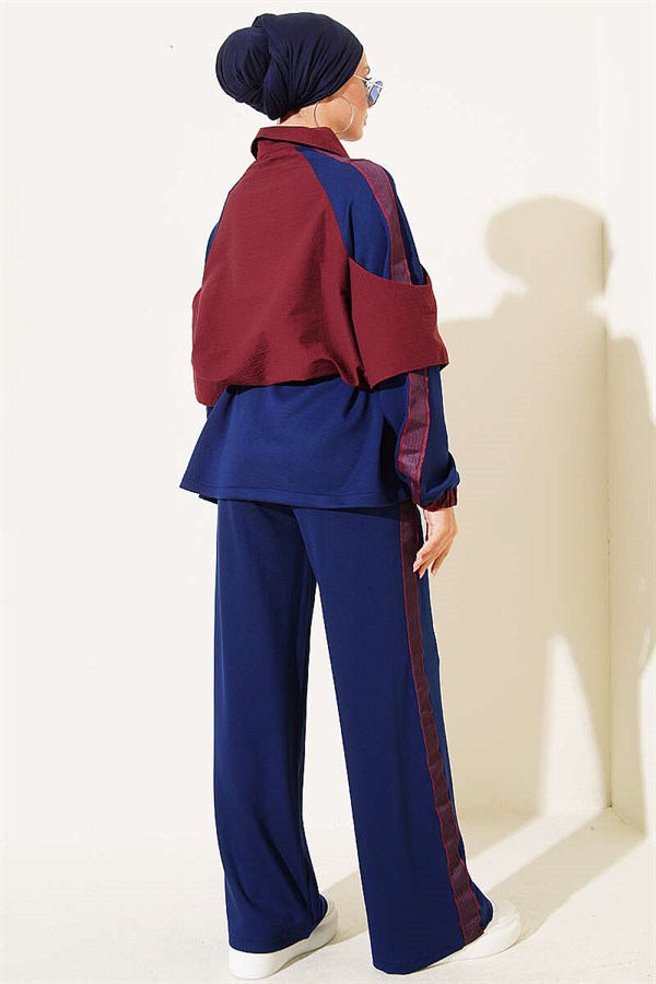2 Piece Set with Shoulder Stripe Trim in Burgundy