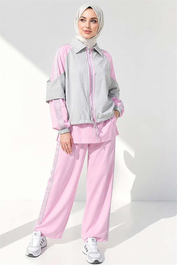 2 Piece Set with Shoulder Stripe Trim, Pink
