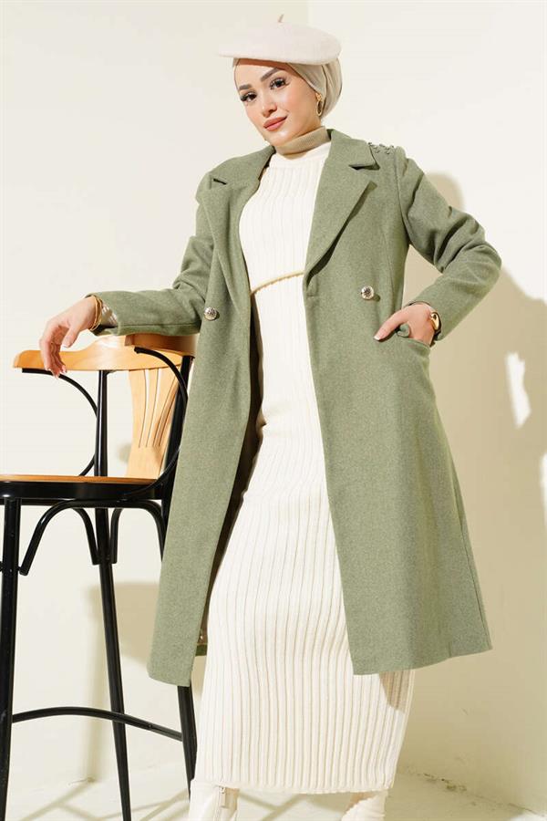 Shoulder Stoned Cashmere Coat Almond Green