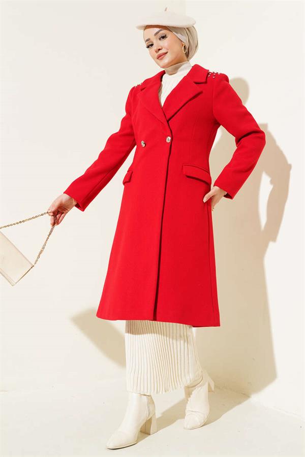 Shoulder Stoned Cashmere Coat Red