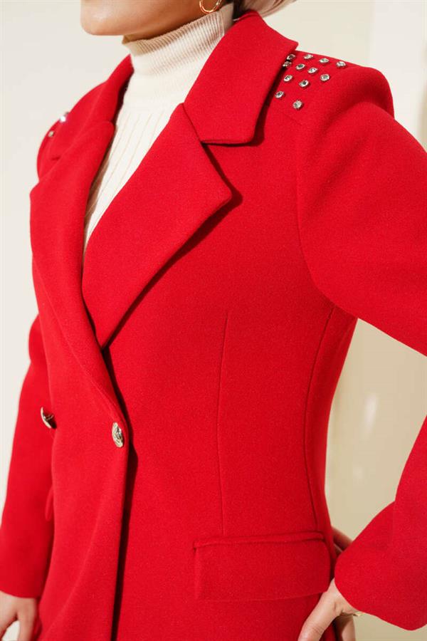 Shoulder Stoned Cashmere Coat Red