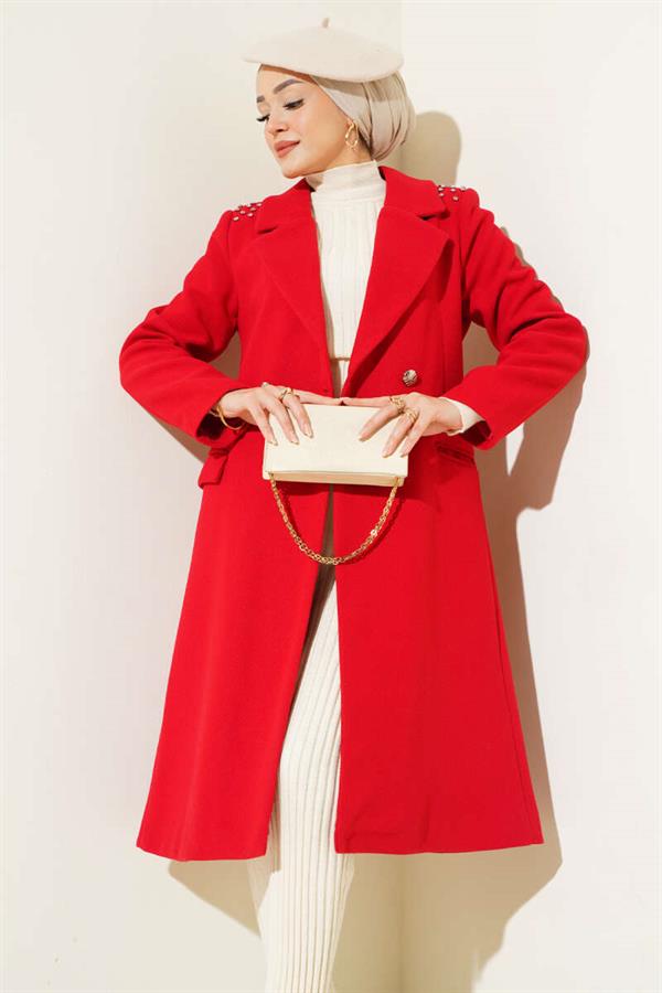 Shoulder Stoned Cashmere Coat Red