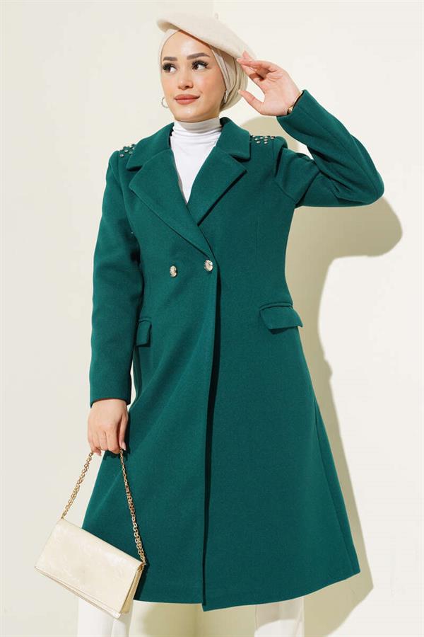 Shoulder Stoned Cashmere Coat Emerald