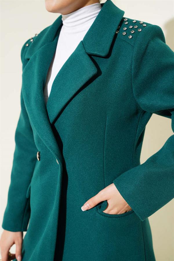 Shoulder Stoned Cashmere Coat Emerald