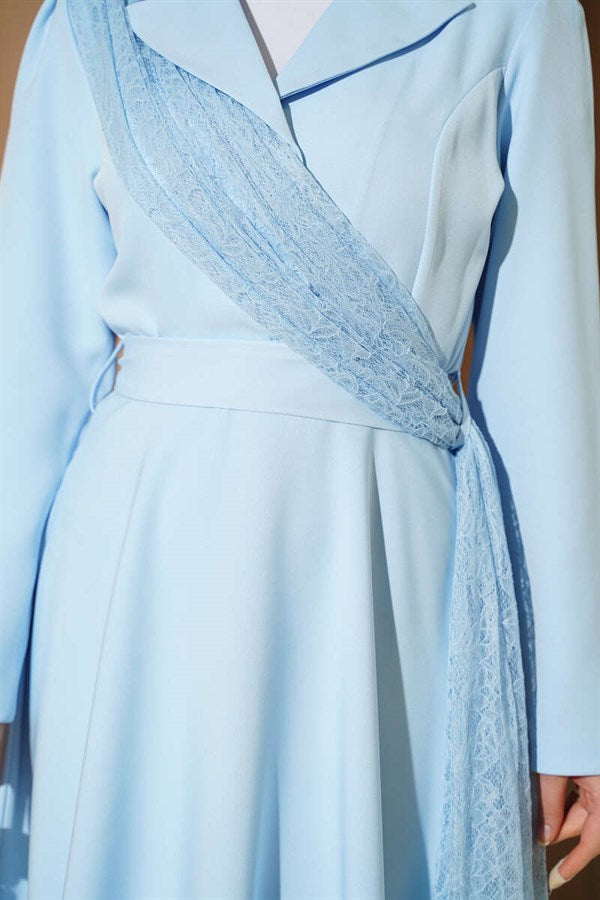 Baby Blue Wrap Dress with Tulle Shoulders