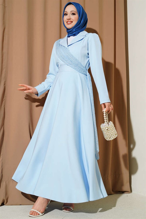 Baby Blue Wrap Dress with Tulle Shoulders