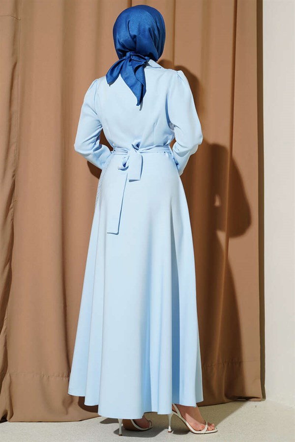 Baby Blue Wrap Dress with Tulle Shoulders