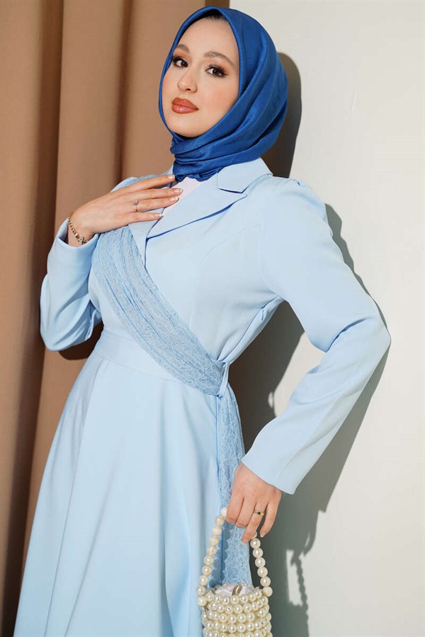 Baby Blue Wrap Dress with Tulle Shoulders